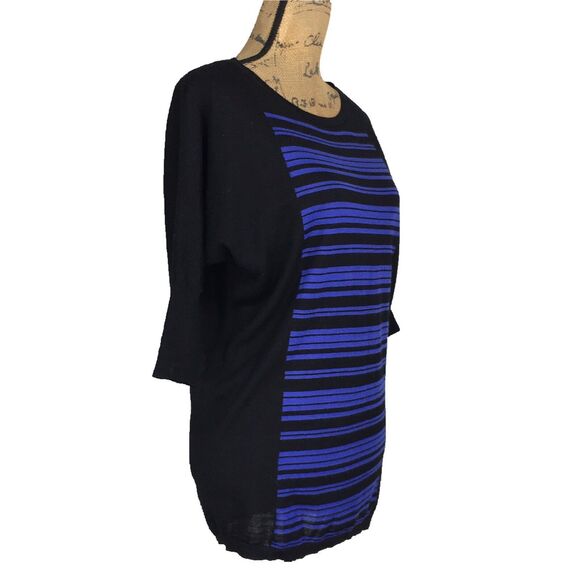 Ann Taylor Sweater XS Black Royal Blue Color Block Stripe Slouchy Wool Bl Tunic - Picture 2 of 5